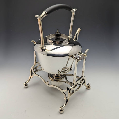 Around 1915 British Antique Silver Plate Kettle & Burner Stand Set Martin and Hall